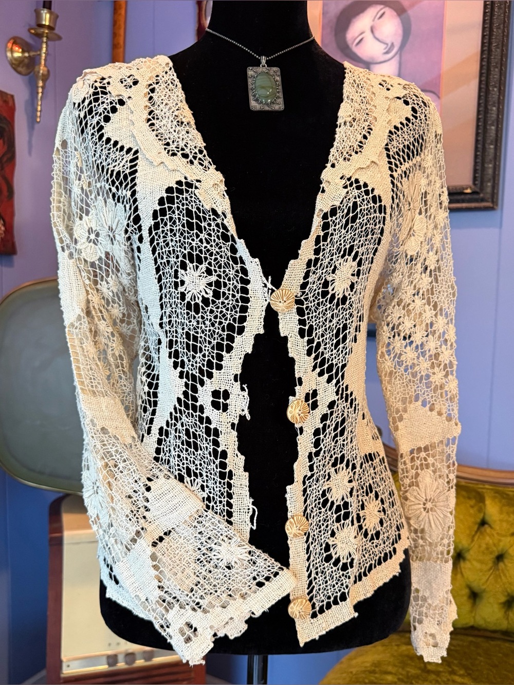 Vtg 90s Carole Little Open Knit Crochet Irish Lace Boho Cottagecore Cardigan